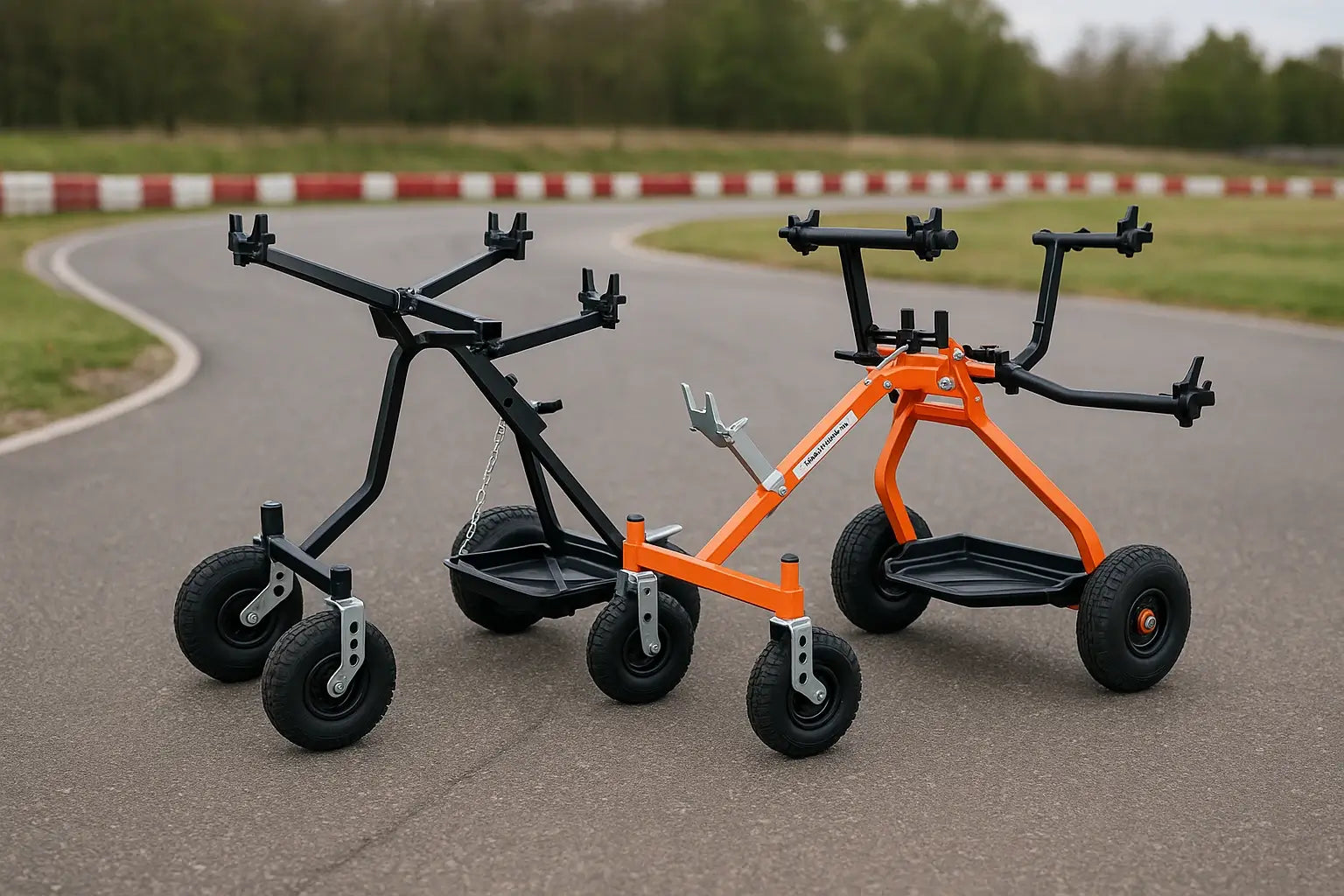 A Black Transformer Karting Stand and an Orange Evolution Karting Stand Sit Side by Side on a karting Track's Sewwping Turns.