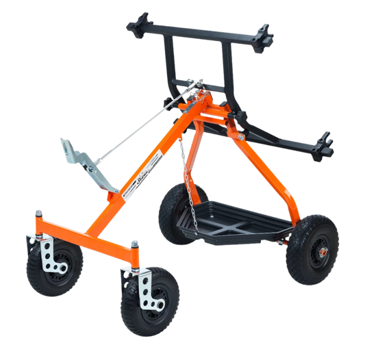 HML Racing Stone Kart Company One Man Evolution Karting Stand in a Tilted Loading and Unloading Position.