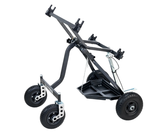 HML Racing Stone Kart Company One Man Transformer Karting Stand in a Tilted Loading and Unloading Position.